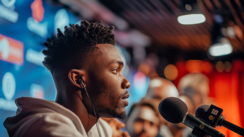 Close up side profile of athlete's face at a press conference